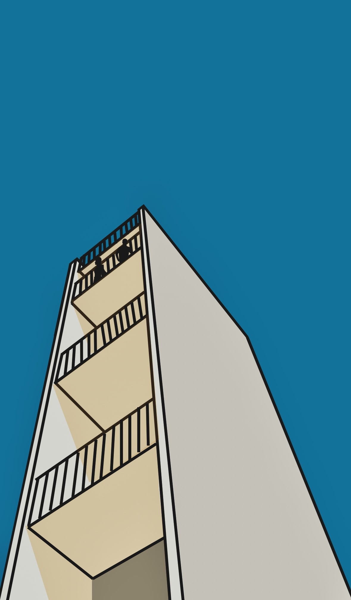 Brutalistisk arkitektur. Teckning av ett utkikstorn i betong sett från marken.
